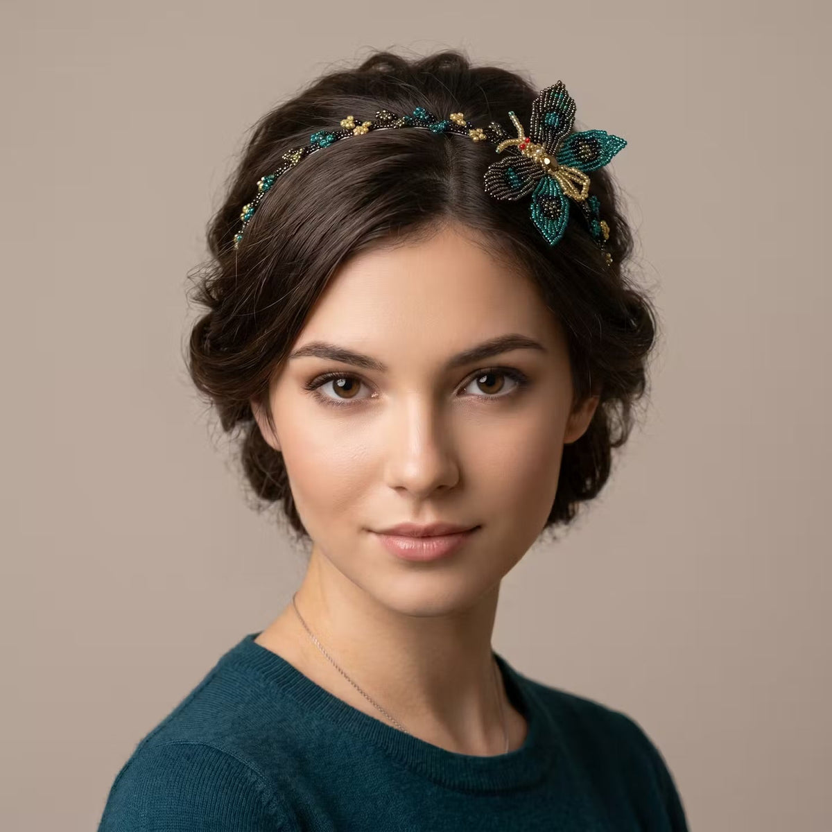 Beaded Headband with Butterfly Turquoise-3