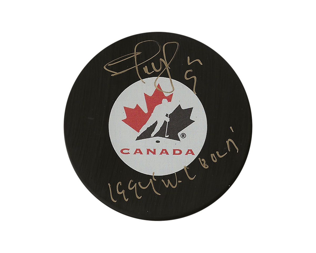 Palet de hockey dédicacé Shayne Corson Équipe Canada Modèle autographié avec l'inscription « 1994 WC Gold »-1