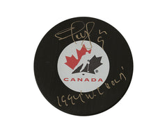 Palet de hockey dédicacé Shayne Corson Équipe Canada Modèle autographié avec l'inscription « 1994 WC Gold »-1