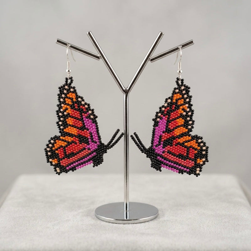 Pink Beaded Butterfly Wing Earrings-1