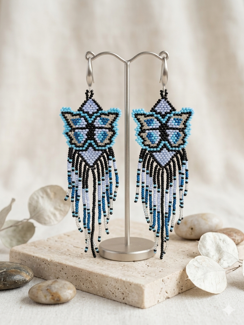 Blue Beaded Dancing Wing Earrings-2