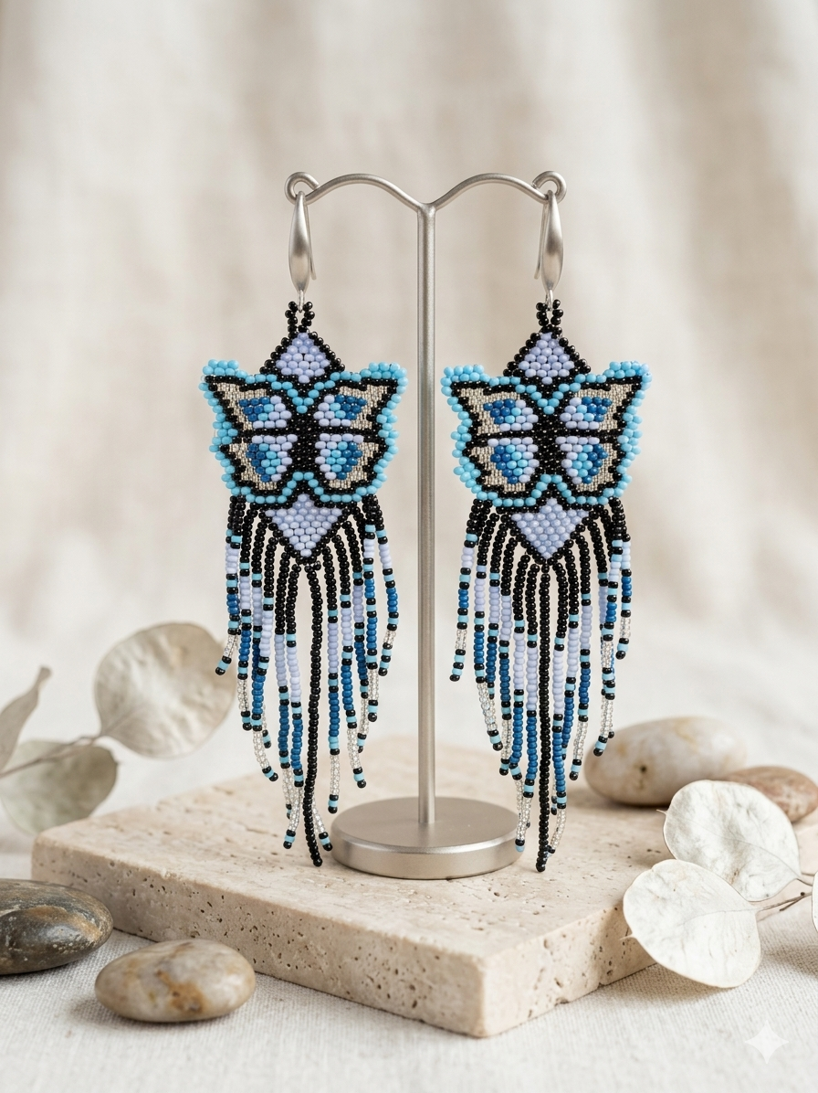 Blue Beaded Dancing Wing Earrings-2