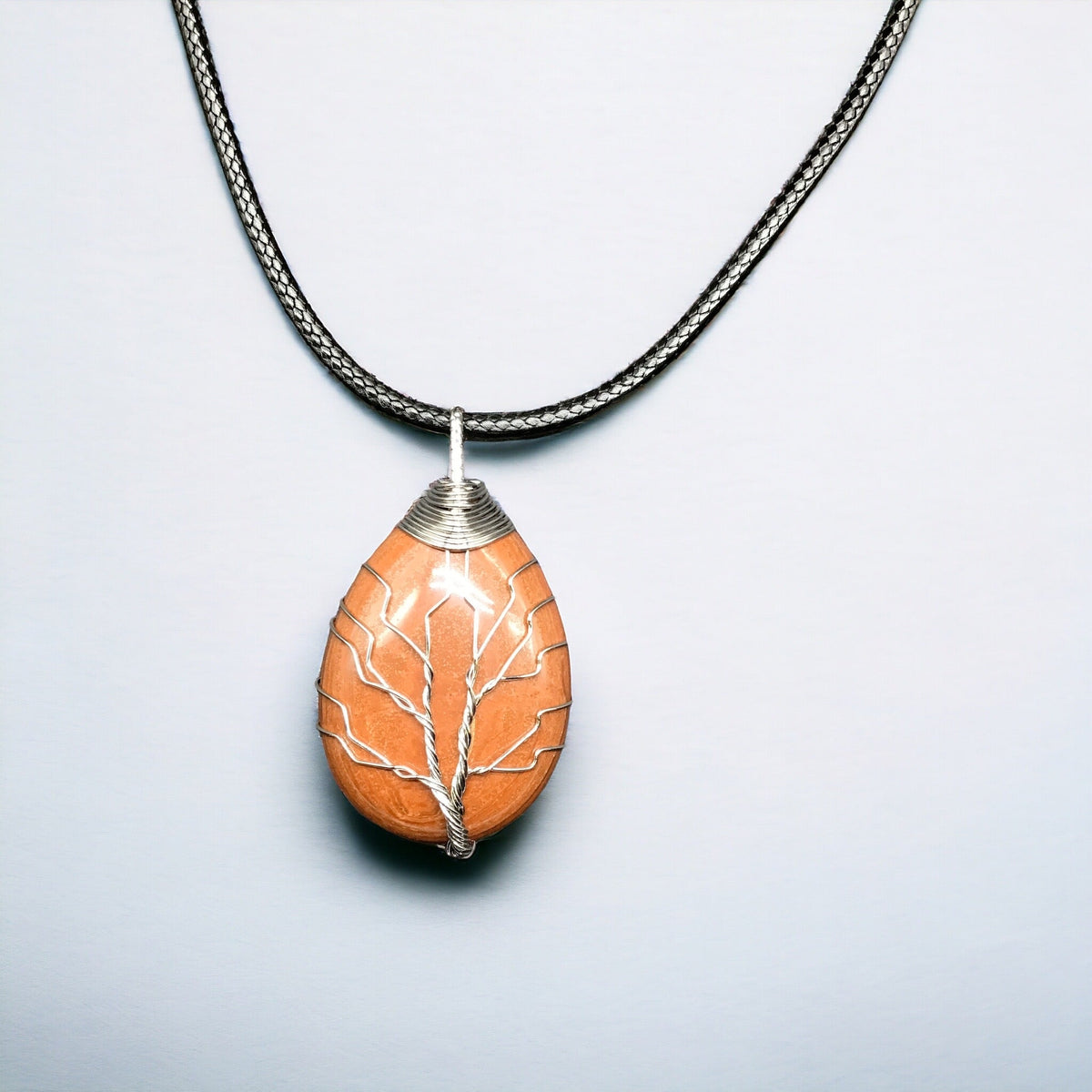 Orange Gemstone Pendant Wrapped w/ Silver Tree of Life-2