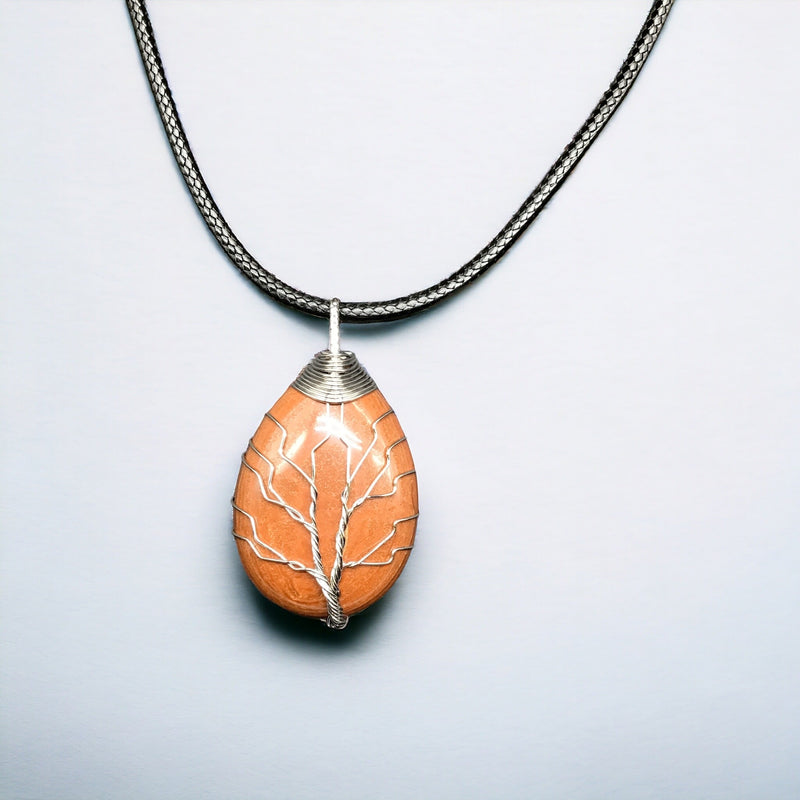 Orange Gemstone Pendant Wrapped w/ Silver Tree of Life-2