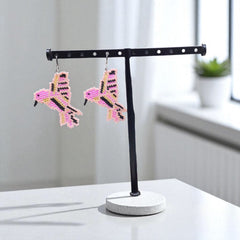 Pink Black Beaded bird Earrings-1