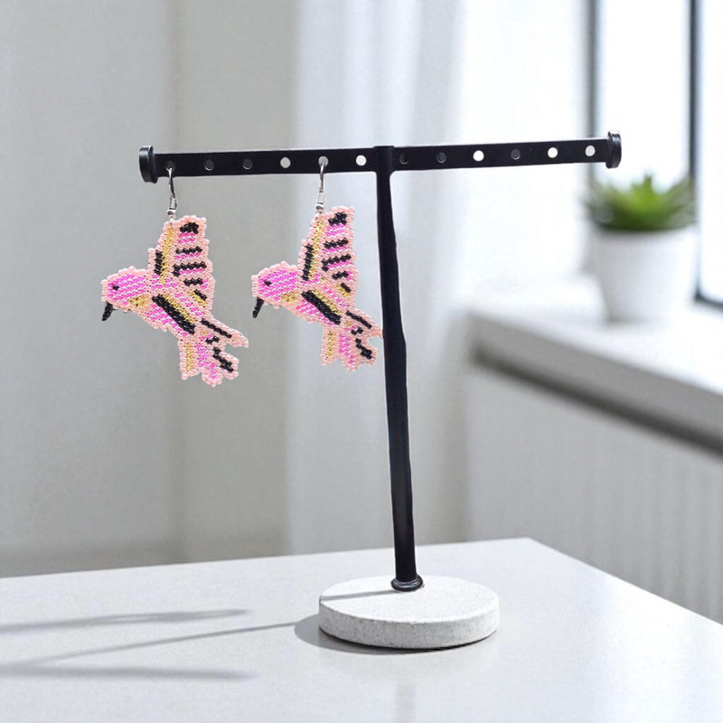 Pink Black Beaded bird Earrings-1