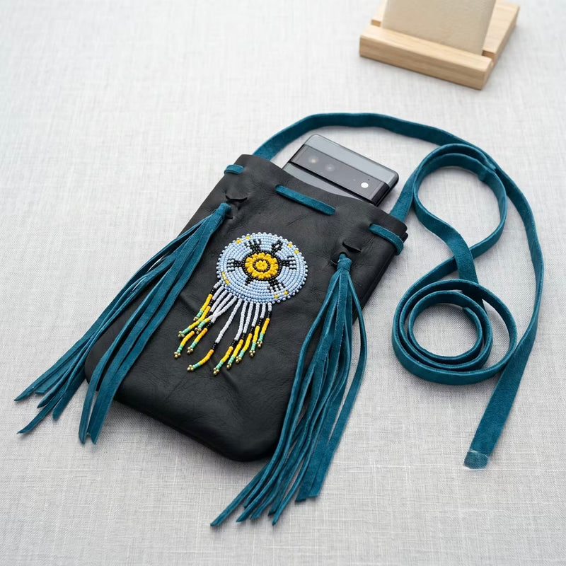 Beaded Suede Phone Pouch ~ Black turquoise-2