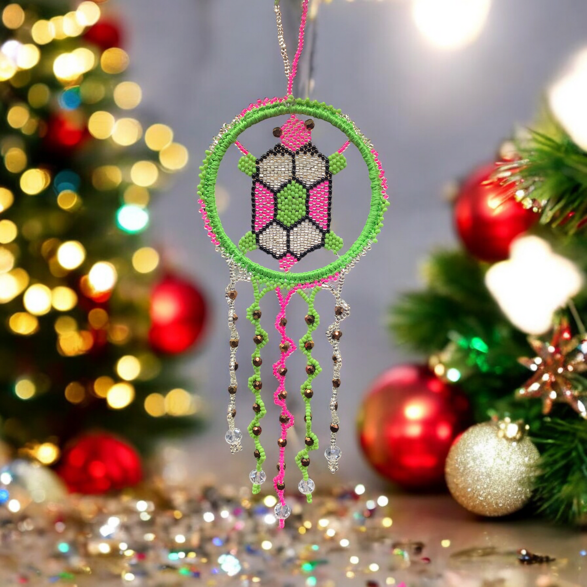Green and Pink Beaded Turtle Ornament-1