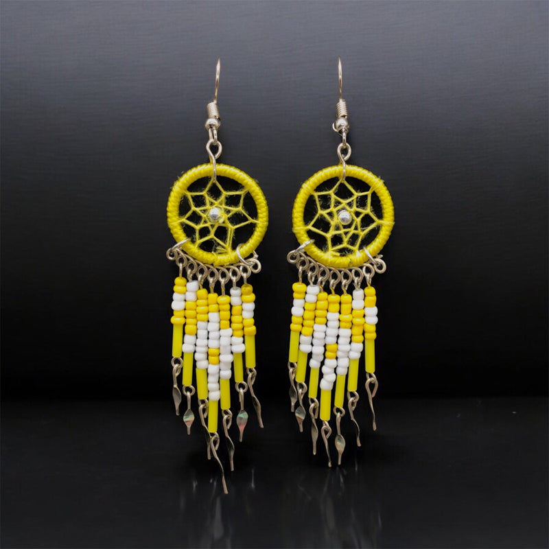 Yellow and white Beaded Dreamcatcher earrings-1