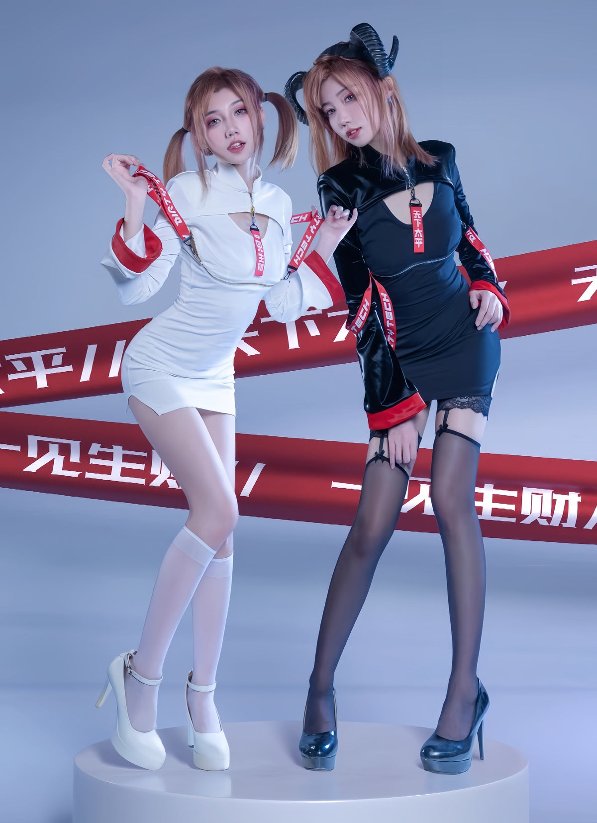 Anime Style Black and White Witch Spandex PU Leather Short Dress with Bust Zipper-2
