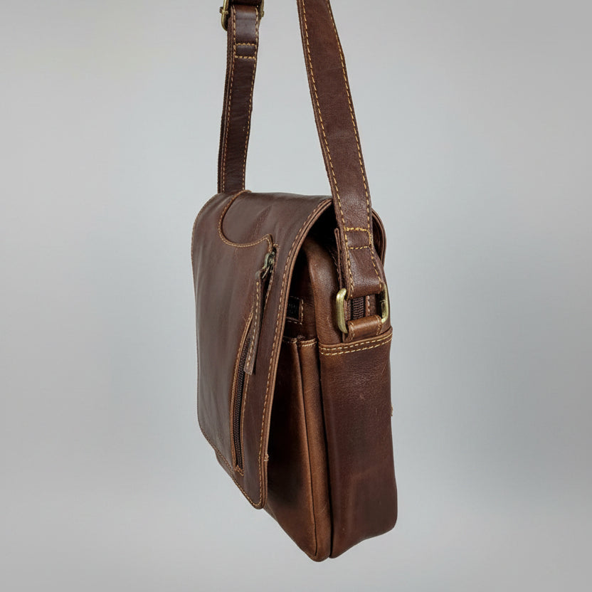 Premium Genuine Leather Messenger Bag. Distressed Brown Crossbody with Multiple Zippered Pockets-4