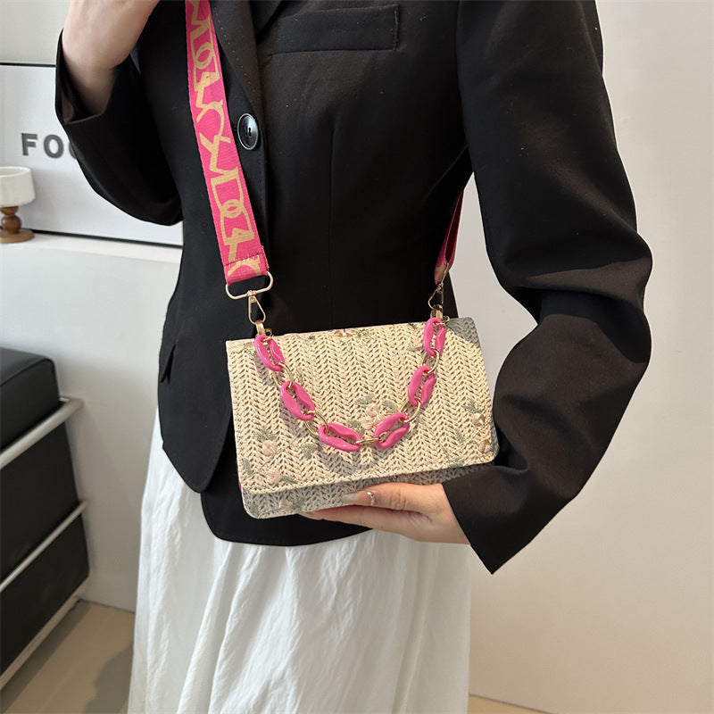 Women's Straw Small Square Crossbody Bag with Acrylic Chain-4