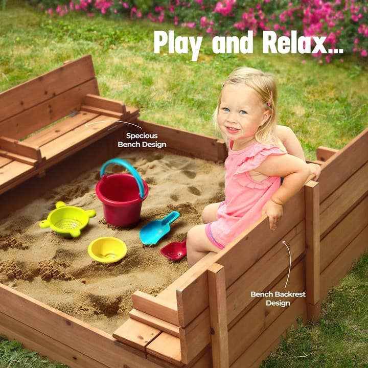 Play22 - Cedar Wood Kids Sandbox with Foldable Bench Seats - Ages 4+-2