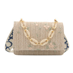 Women's Straw Small Square Crossbody Bag with Acrylic Chain-2