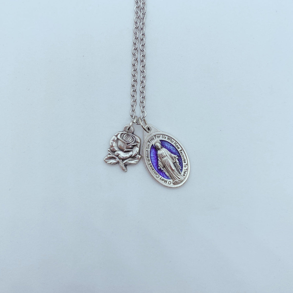 Blue Enamel Miraculous Medal with Rose Charm-1