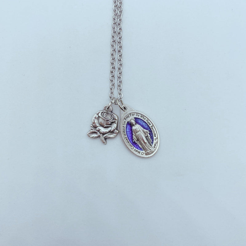 Blue Enamel Miraculous Medal with Rose Charm-1