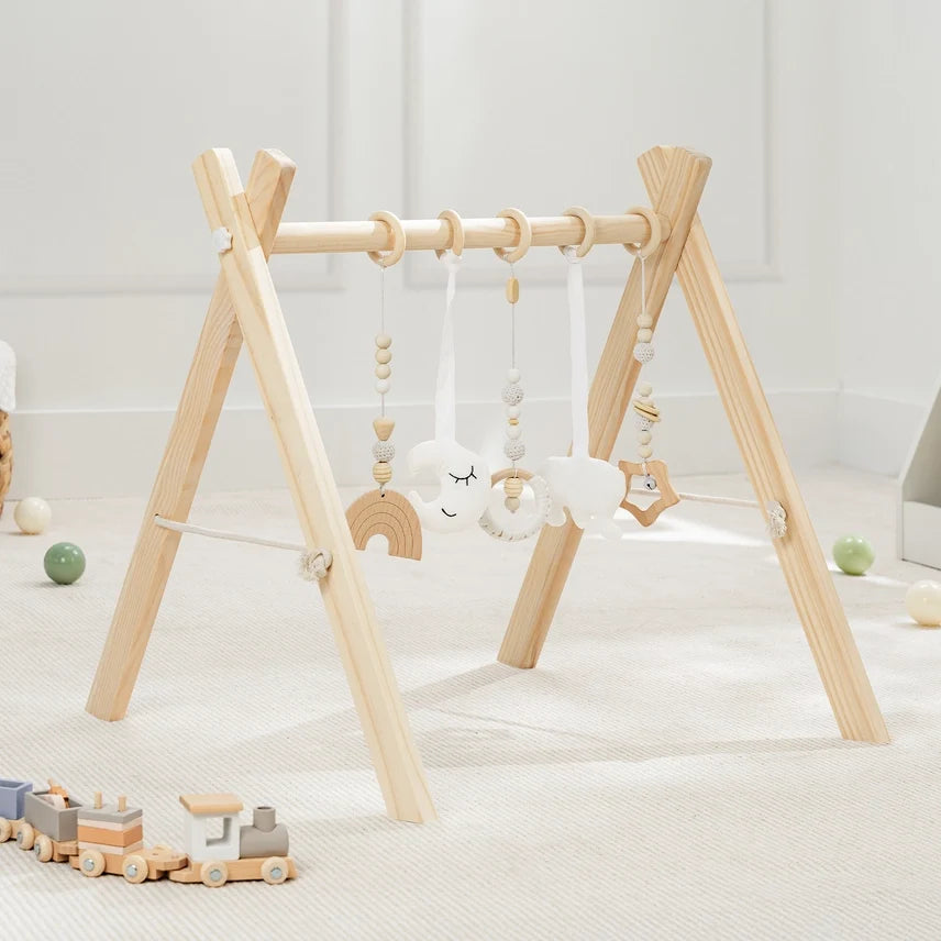 Comfy Cubs - Foldable Baby Play Gym with 5 Hanging Toys - Natural Wood - Ages 0–12 Months-1