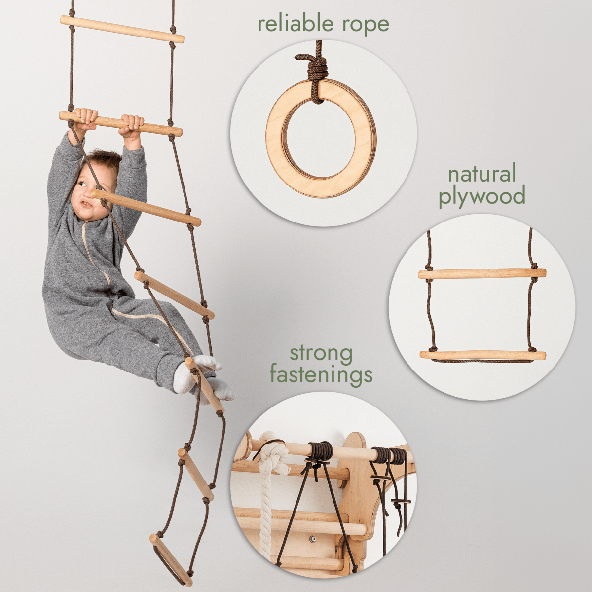 3in1 Swings Set: Rope Ladder + Gymnastic Rings + Disc Rope Swing-3