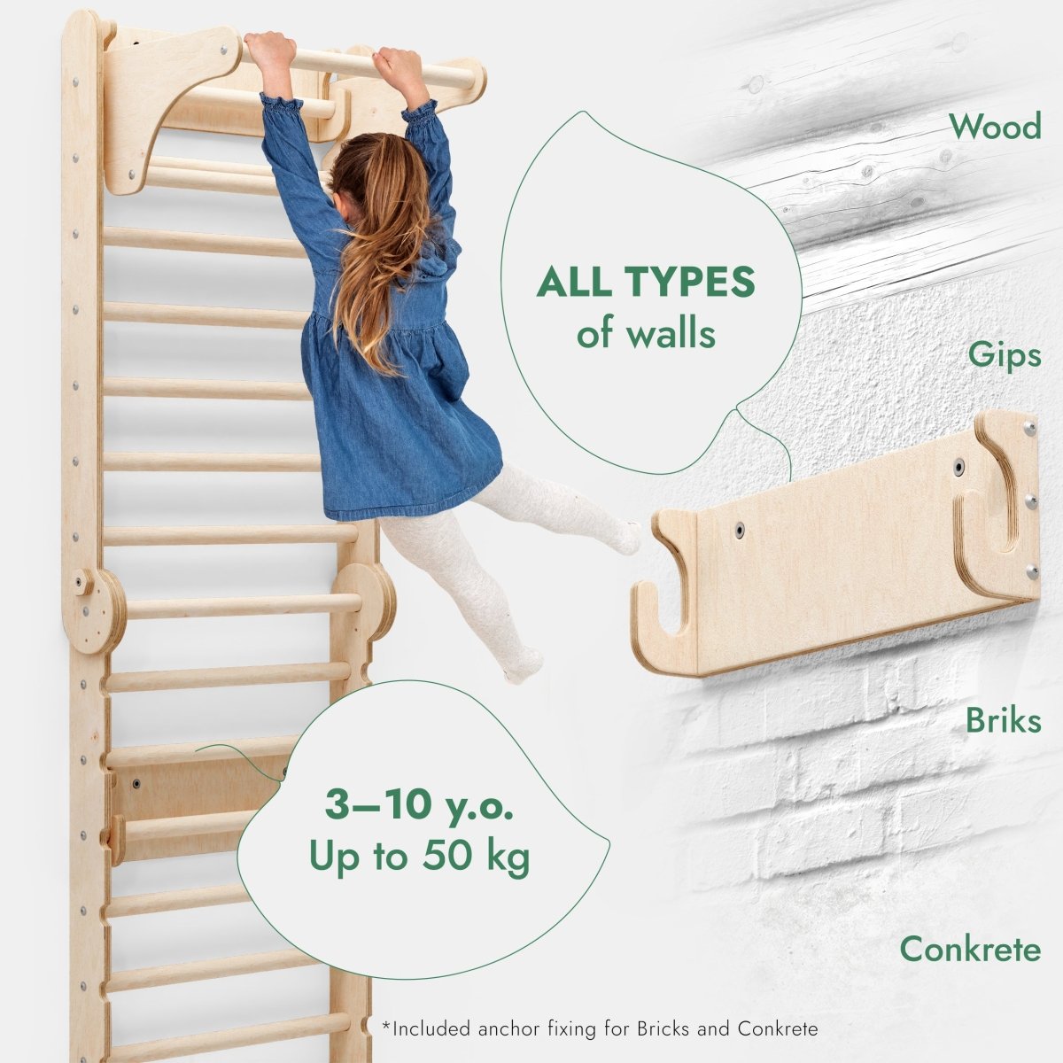 6in1: Wooden Swedish Wall / Climbing ladder for Children + Swing Set + Slide Board-4
