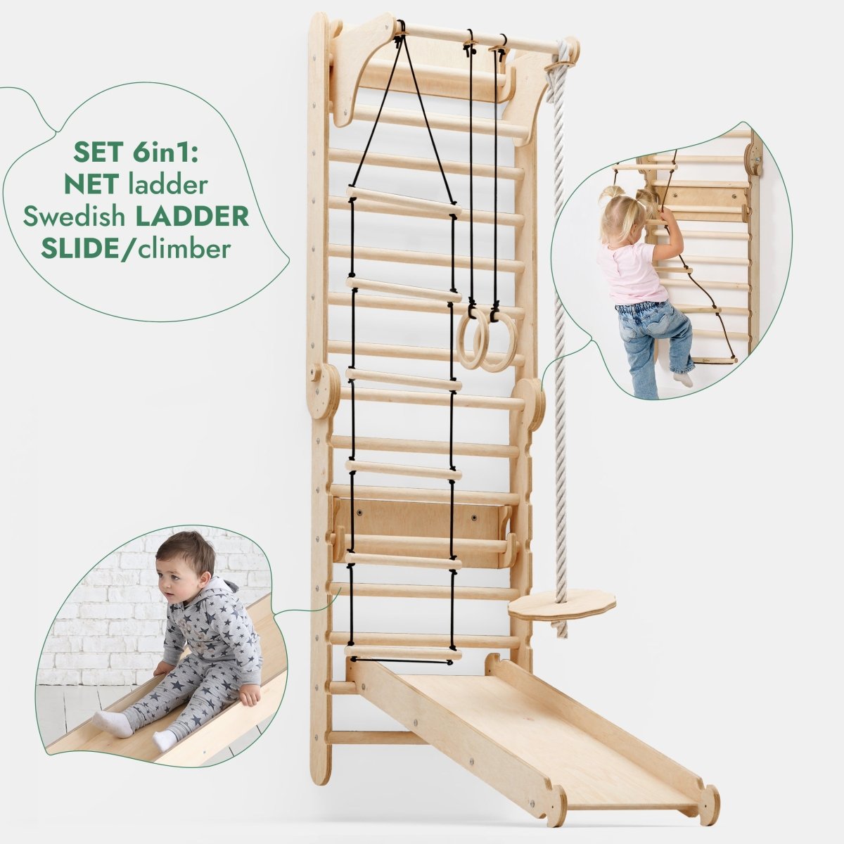 6in1: Wooden Swedish Wall / Climbing ladder for Children + Swing Set + Slide Board-3