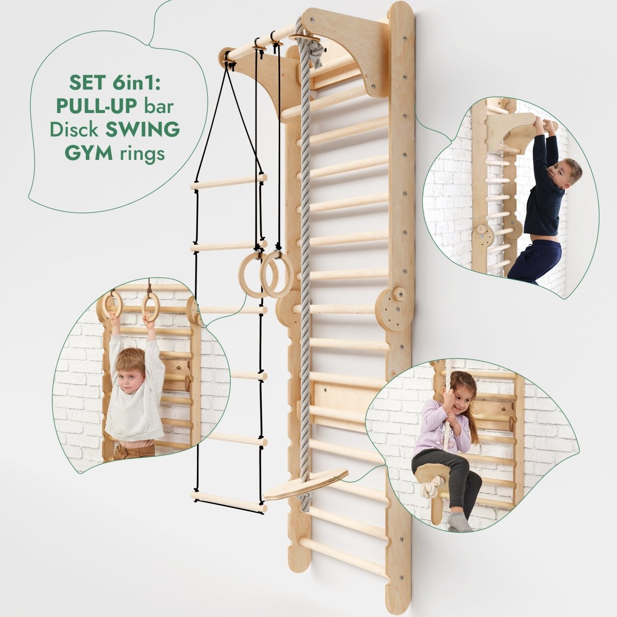 6in1: Wooden Swedish Wall / Climbing ladder for Children + Swing Set + Slide Board-8