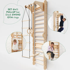 6in1: Wooden Swedish Wall / Climbing ladder for Children + Swing Set + Slide Board-8