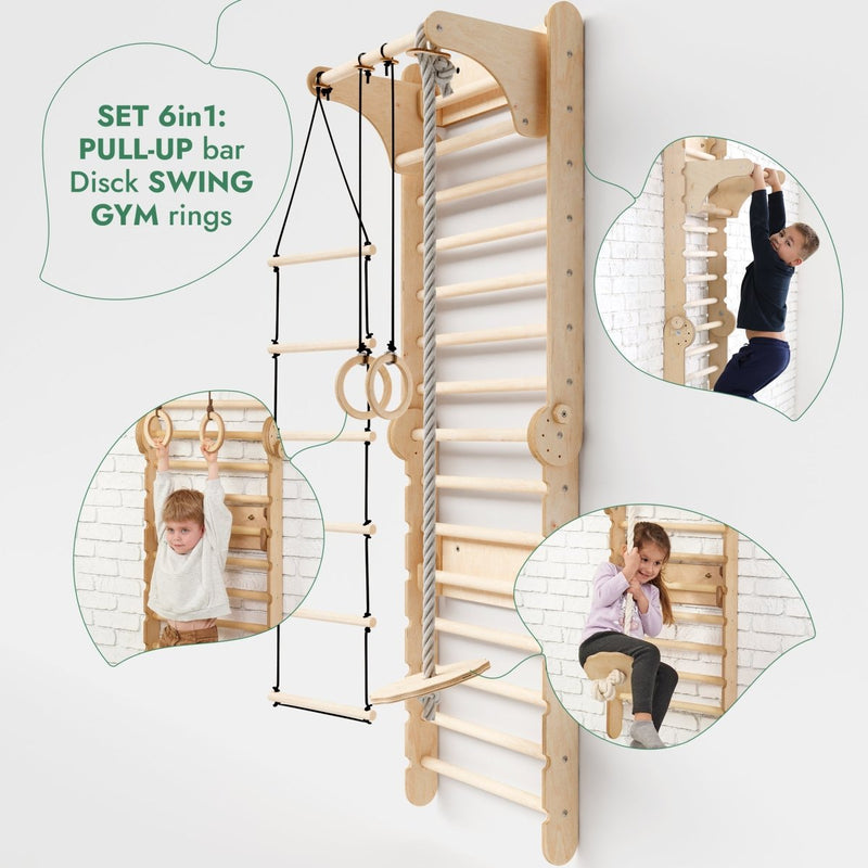 6in1: Wooden Swedish Wall / Climbing ladder for Children + Swing Set + Slide Board-8