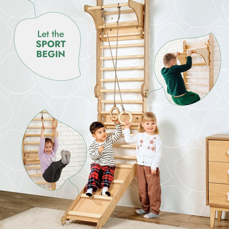 6in1: Wooden Swedish Wall / Climbing ladder for Children + Swing Set + Slide Board-9