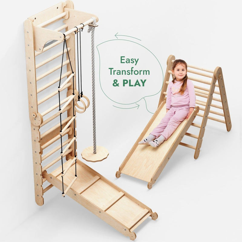 6in1: Wooden Swedish Wall / Climbing ladder for Children + Swing Set + Slide Board-6