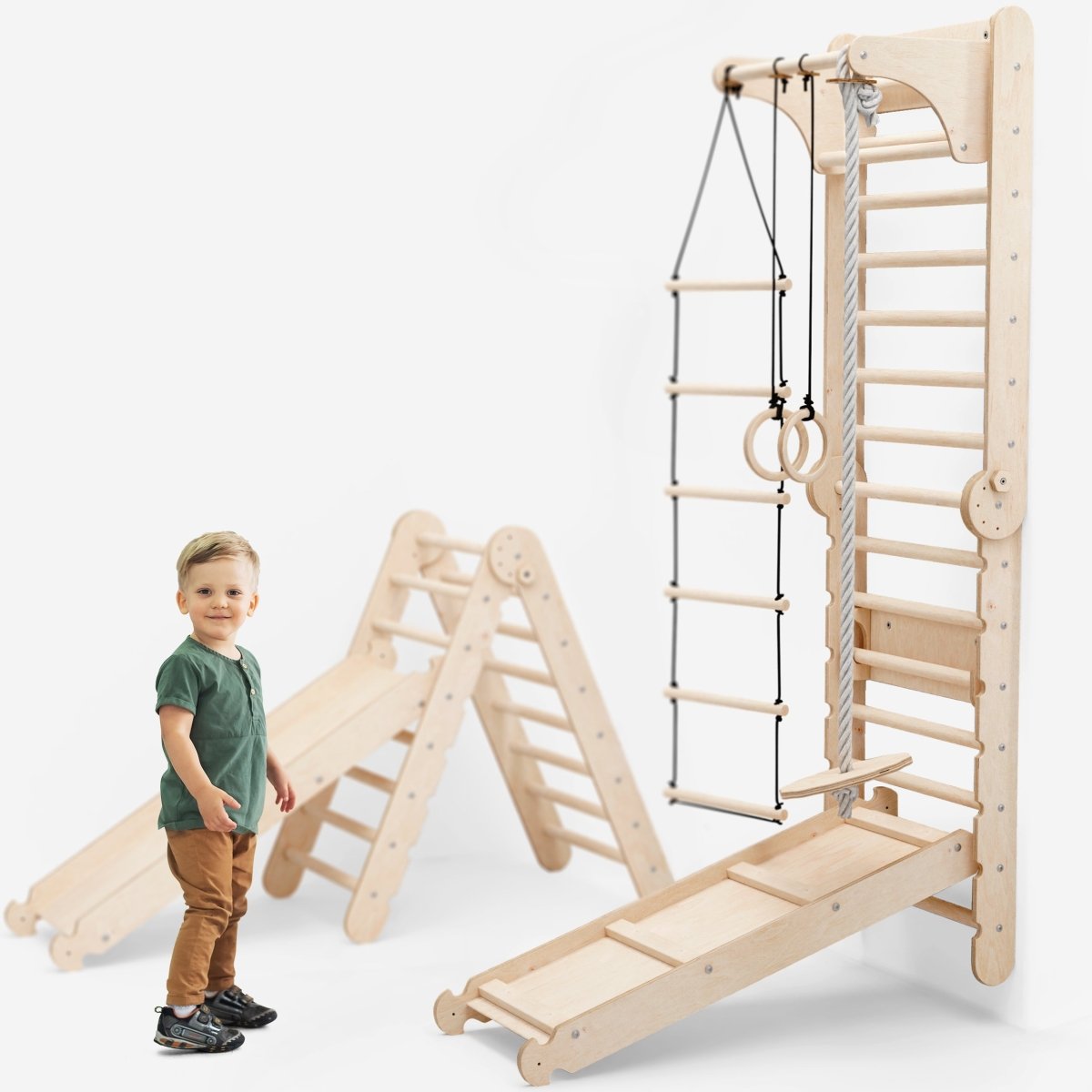 6in1: Wooden Swedish Wall / Climbing ladder for Children + Swing Set + Slide Board-1