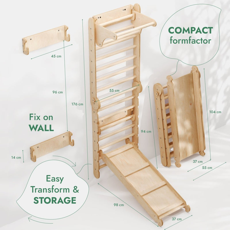 6in1: Wooden Swedish Wall / Climbing ladder for Children + Swing Set + Slide Board-2