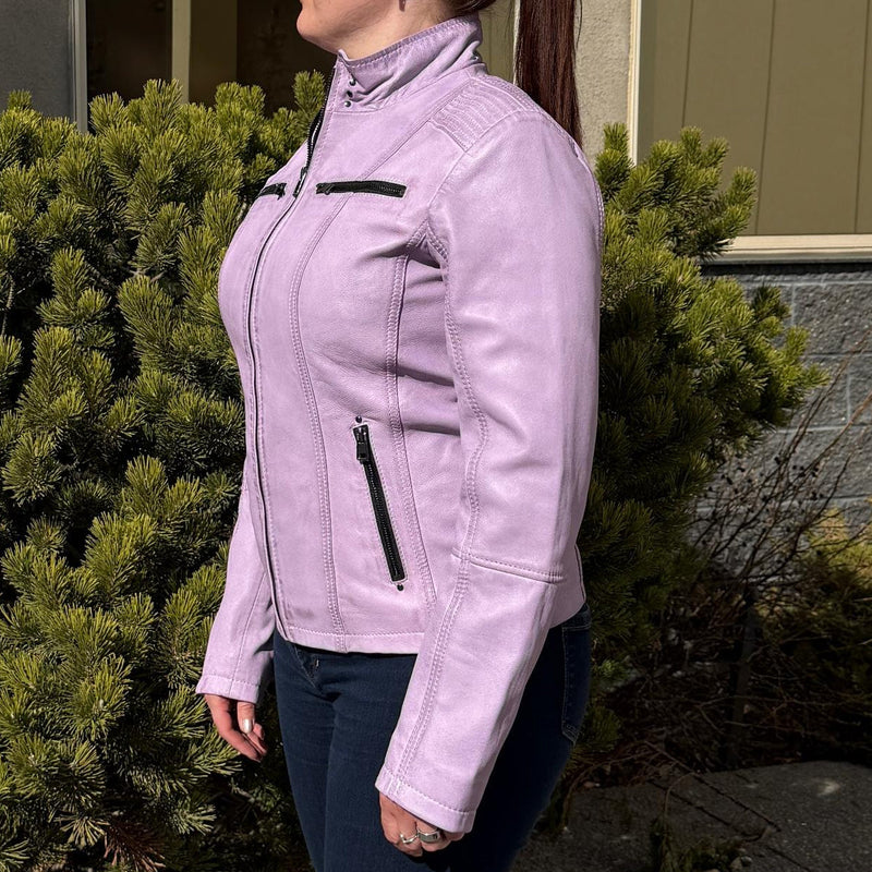 Women's Classic Sheep Leather Jacket. Standing Collar with Studs, 4 Zippered Pockets & Shoulder Accent Stitching-10