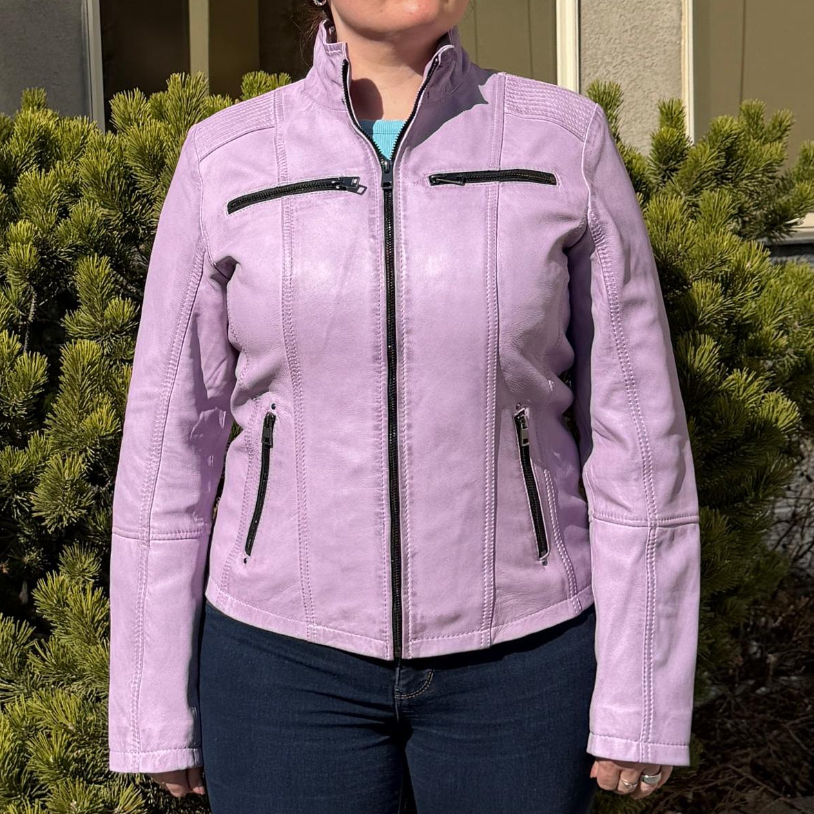 Women's Classic Sheep Leather Jacket. Standing Collar with Studs, 4 Zippered Pockets & Shoulder Accent Stitching-12
