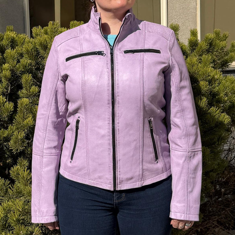 Women's Classic Sheep Leather Jacket. Standing Collar with Studs, 4 Zippered Pockets & Shoulder Accent Stitching-12