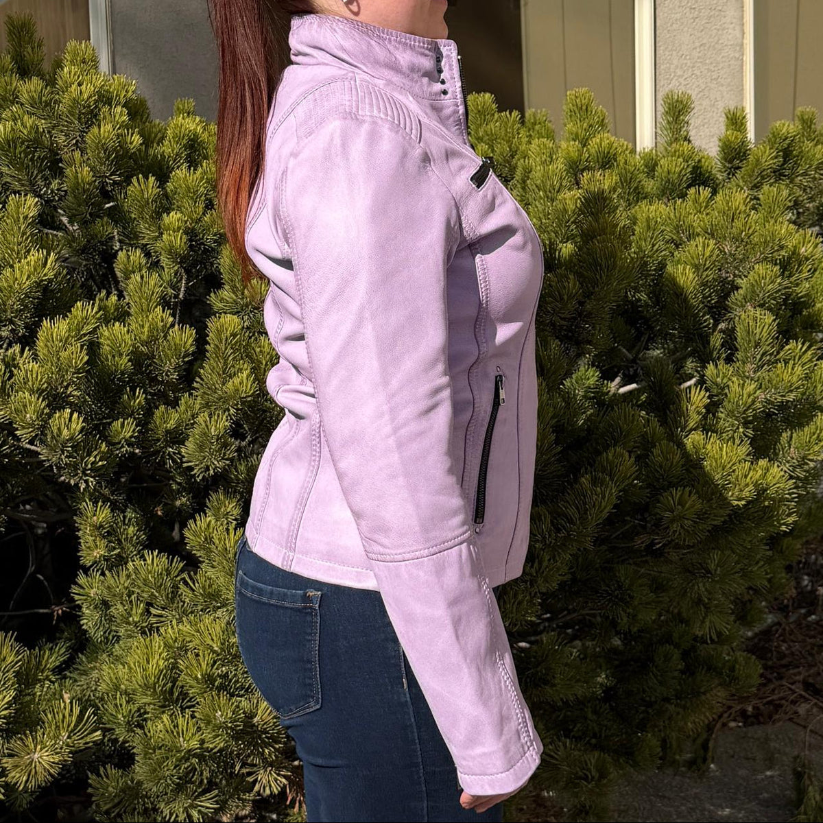 Women's Classic Sheep Leather Jacket. Standing Collar with Studs, 4 Zippered Pockets & Shoulder Accent Stitching-11