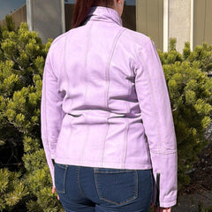 Women's Classic Sheep Leather Jacket. Standing Collar with Studs, 4 Zippered Pockets & Shoulder Accent Stitching-9
