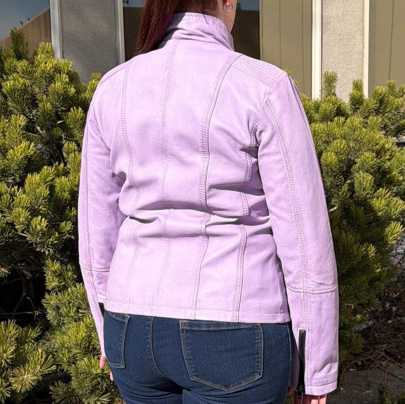 Women's Classic Sheep Leather Jacket. Standing Collar with Studs, 4 Zippered Pockets & Shoulder Accent Stitching-9