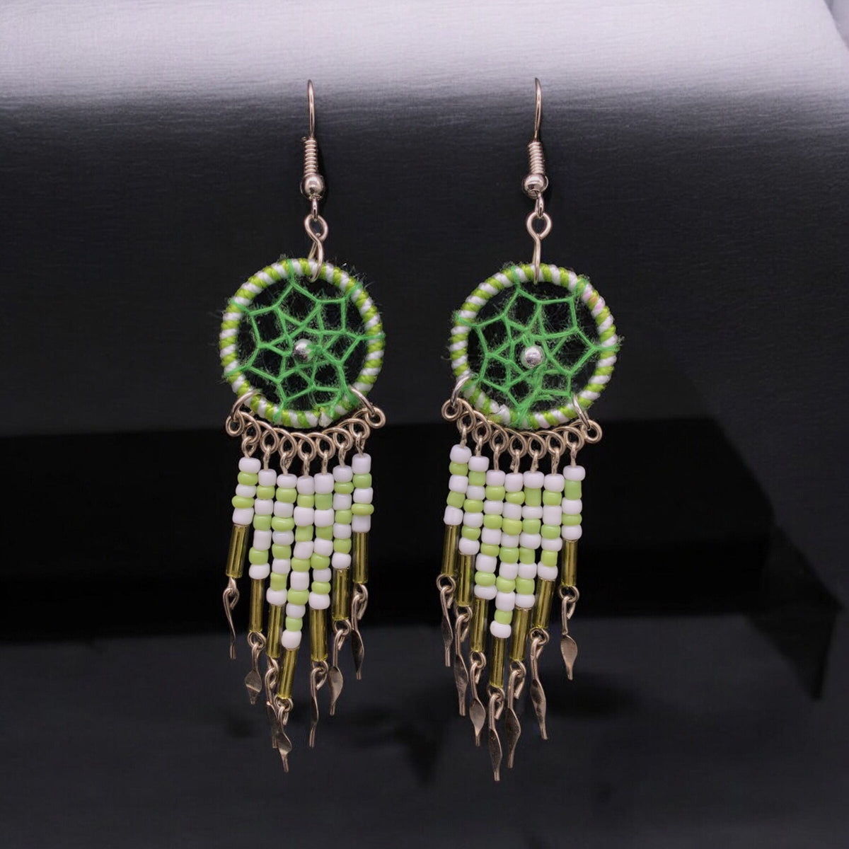 Green and White Beaded Dreamcatcher earrings-1