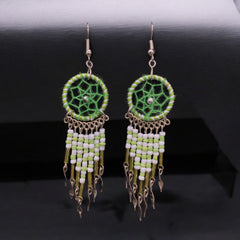 Green and White Beaded Dreamcatcher earrings-1