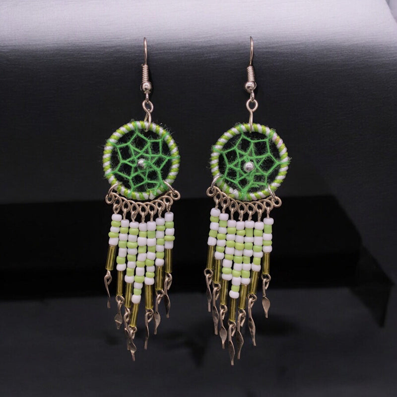 Green and White Beaded Dreamcatcher earrings-1