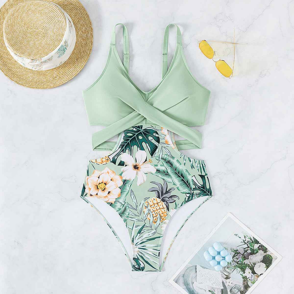 Printed Hollow Out Tied One-piece Bikini-3