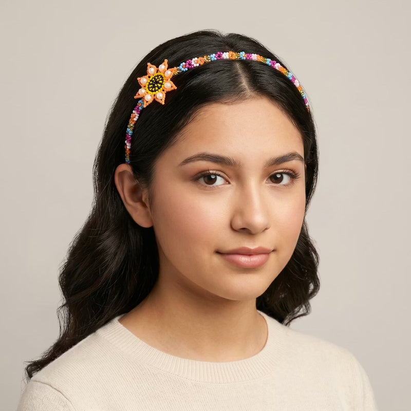 Beaded Headband with Flower Orange-5