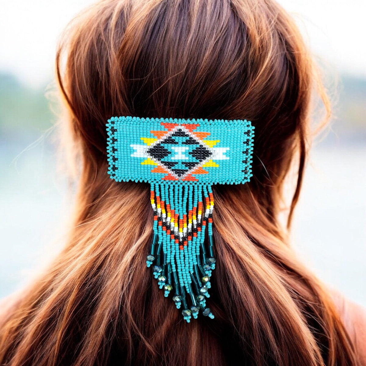 Rectangular Fringed Barrette - Turquoise and yellow