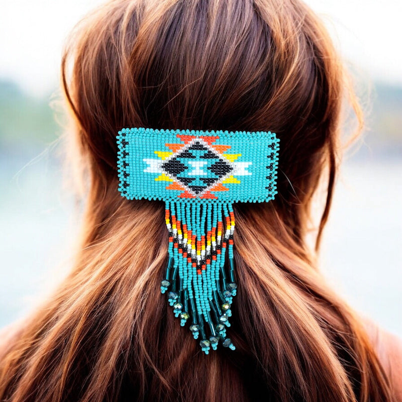 Rectangular Fringed Barrette - Turquoise and yellow-1