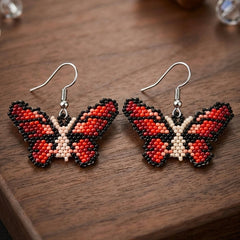 Black / beige Butterfly Beaded Earrings-1