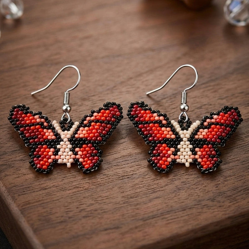 Black / beige Butterfly Beaded Earrings-1