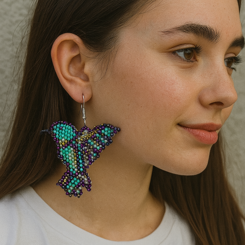 Purple Turquoise Beaded bird Earrings-2