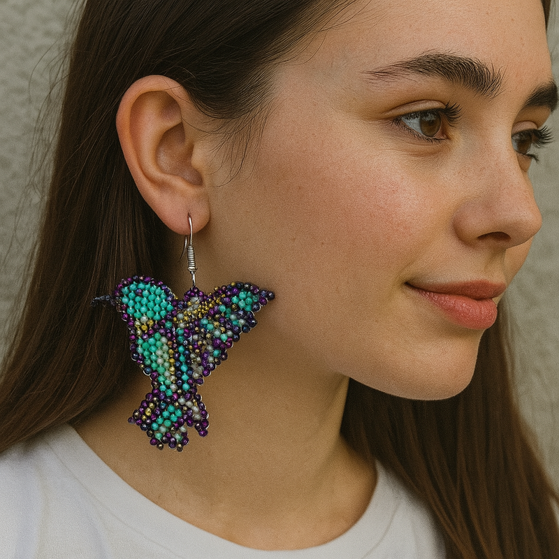 Purple Turquoise Beaded bird Earrings-2