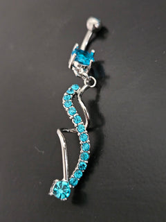Surgical Steel Double-Curl Reverse Belly Button Ring with Aqua CZ Crystals-2