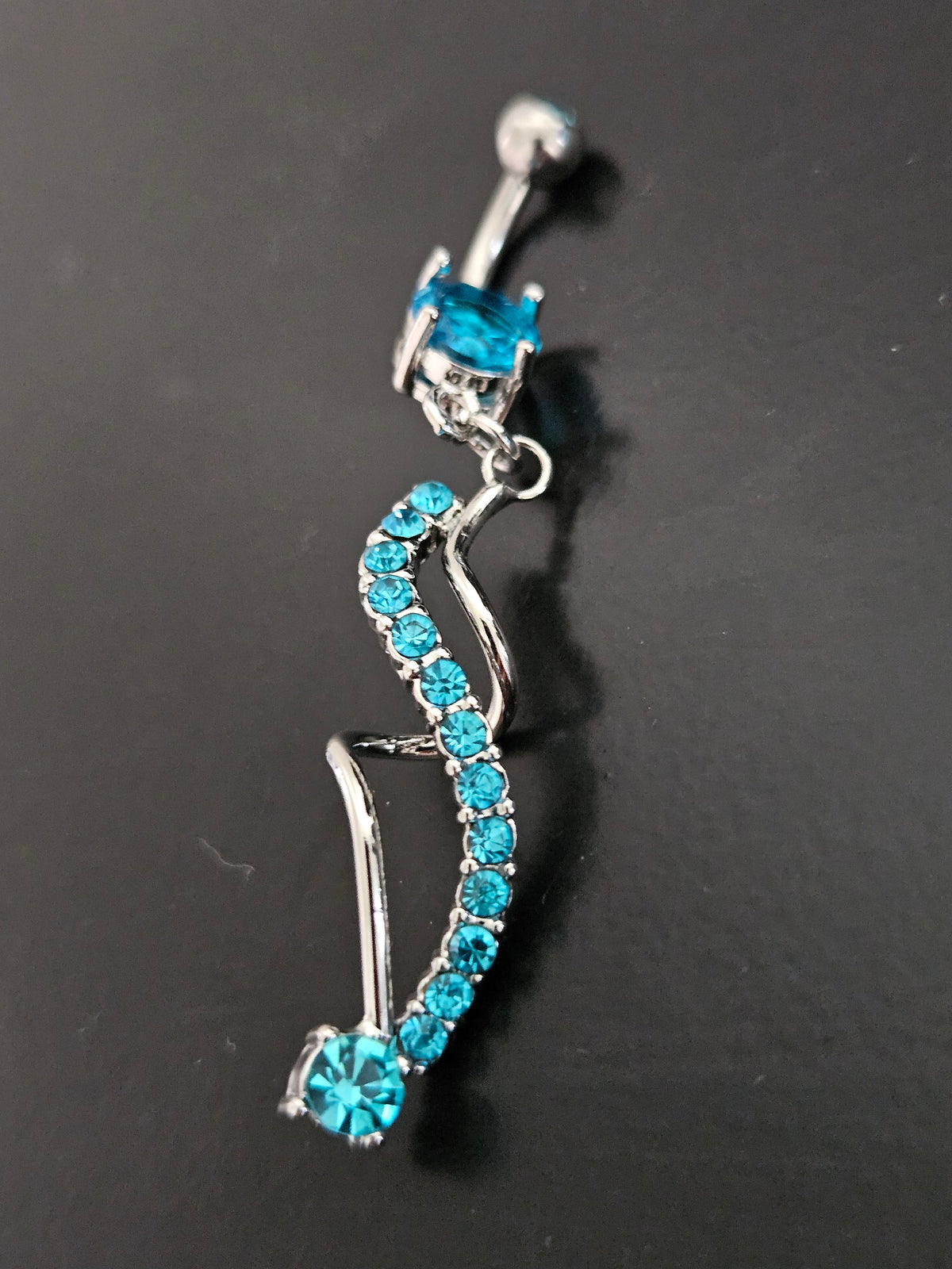Surgical Steel Double-Curl Reverse Belly Button Ring with Aqua CZ Crystals-2